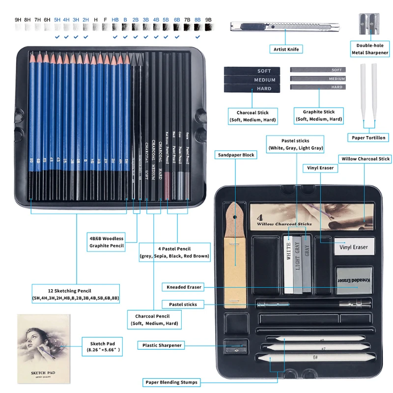 Juego de lápices para dibujar, - Sketching Charcoal Set reseña y precio